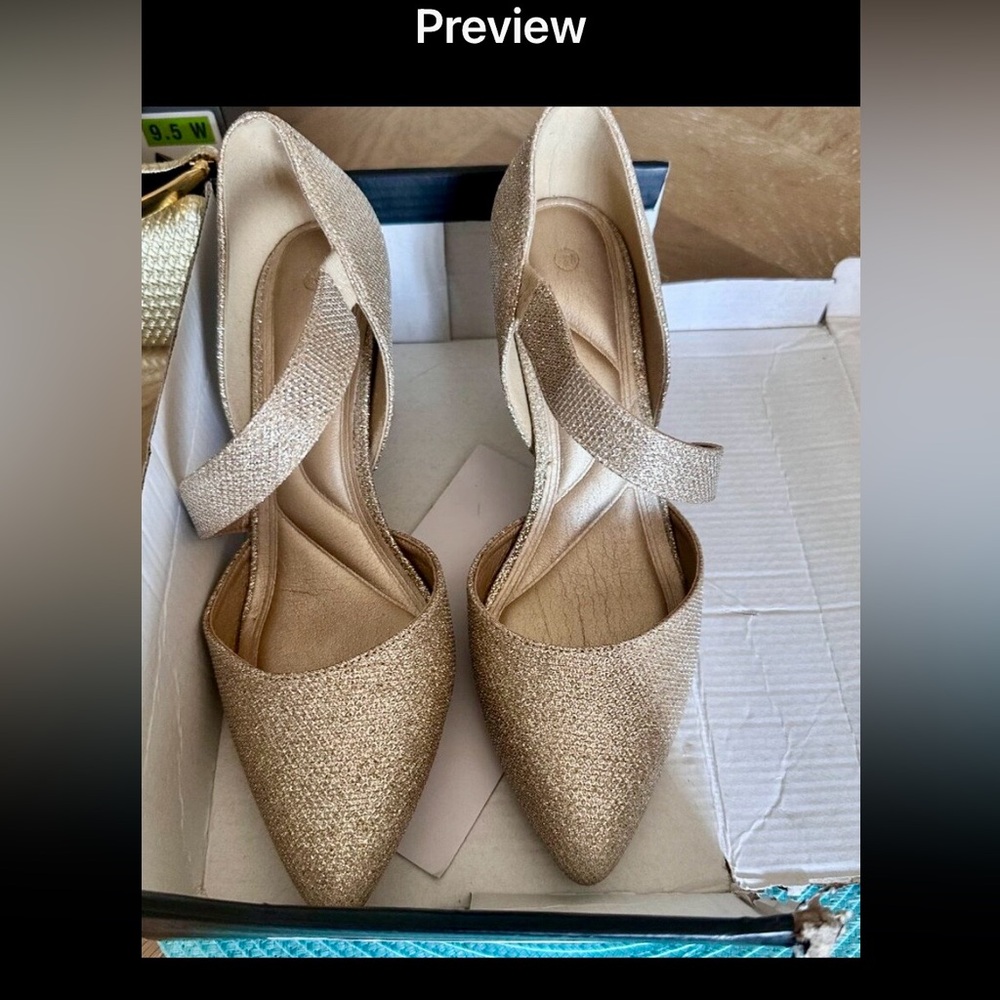 Sparkle Pointed-Toe Ankle Strap Heels in Gold